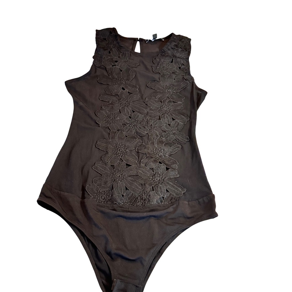 Haute Monde Black Floral Lace Applique Mesh Bodysuit Sleeveless Medium HMT50082